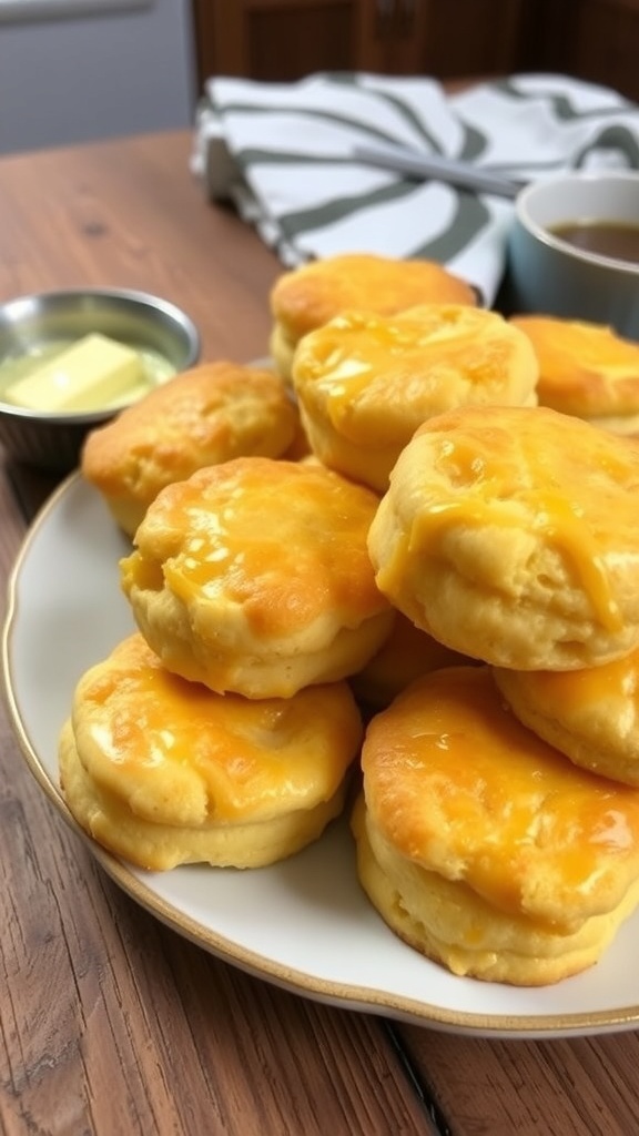 Golden brown low carb cheddar biscuits on a plate with melted cheese, served with butter.